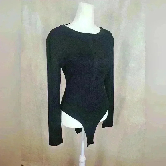 Free The Roses Long-Sleeve Ribbed Knit Bodysuit Black Size Large - Picture 4 of 10